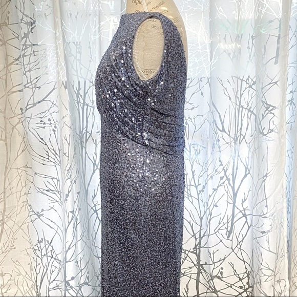 Badgley Mischka blue sequin sleeveless high neck low V open back long gown dress - Picture 6 of 16